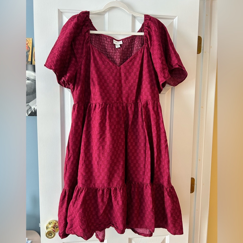 Ava Viv 1X Maroon Pink Puffy Capped Sleeve Dress